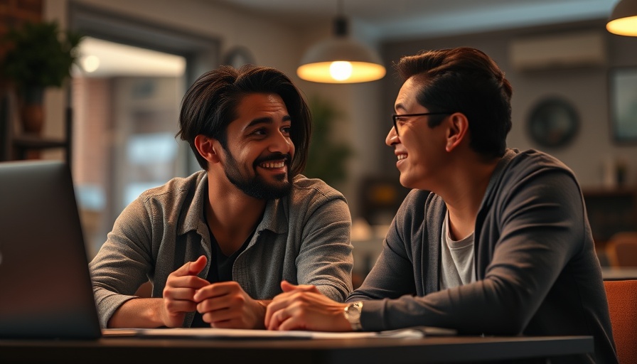 Two individuals in discussion at a desk under warm lighting.