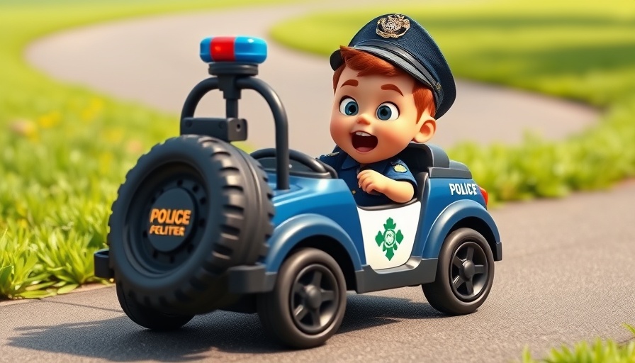 Kid in police costume driving toy car with tire mishap, Kid Saves Toy Stories.