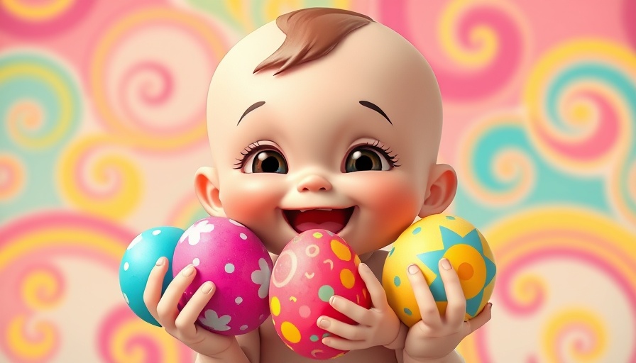 Children Fun cartoon baby holding colorful eggs, smiling joyfully.