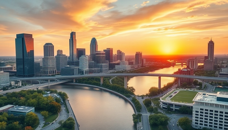 Aerial view of Austin skyline at sunset near Delta Air Lines Austin expansion.