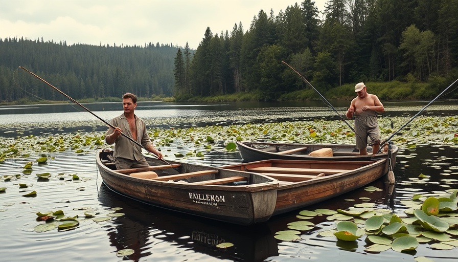 Men vintage cane pole fishing on a serene lake.