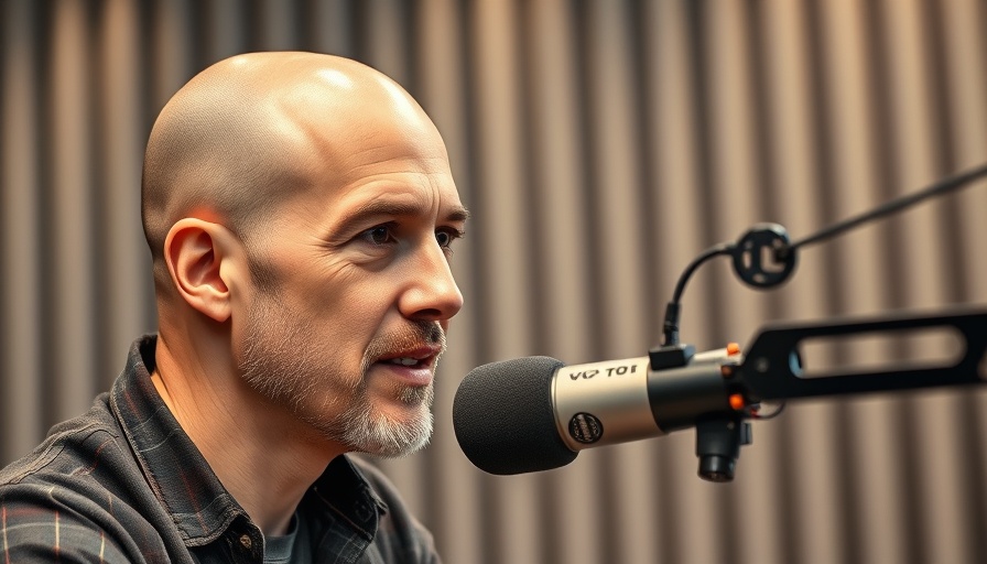 Bald man speaking into a microphone in a podcast studio discussing AI agents for entrepreneurs.