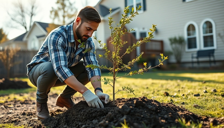 Man planting a young tree with tips in a sunny backyard.