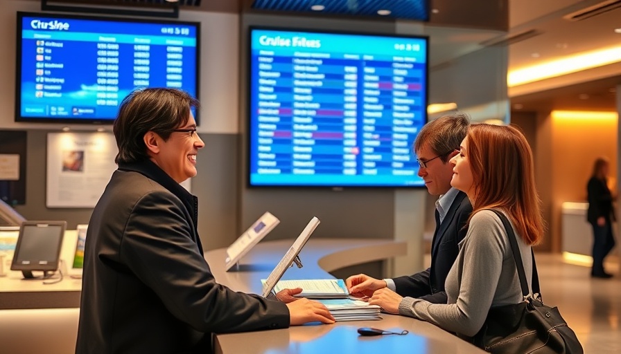 Friendly ticket agent assists couple at a cruise counter