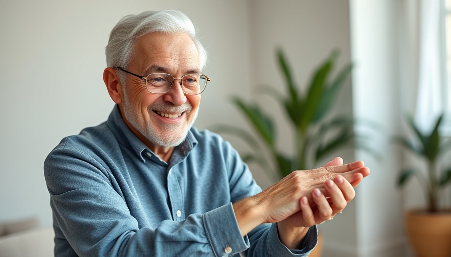 Elderly man demonstrates acupressure for clear skin in studio setting.