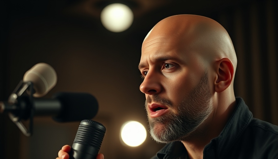 Man speaking into microphone, podcast studio environment, help people start podcasts
