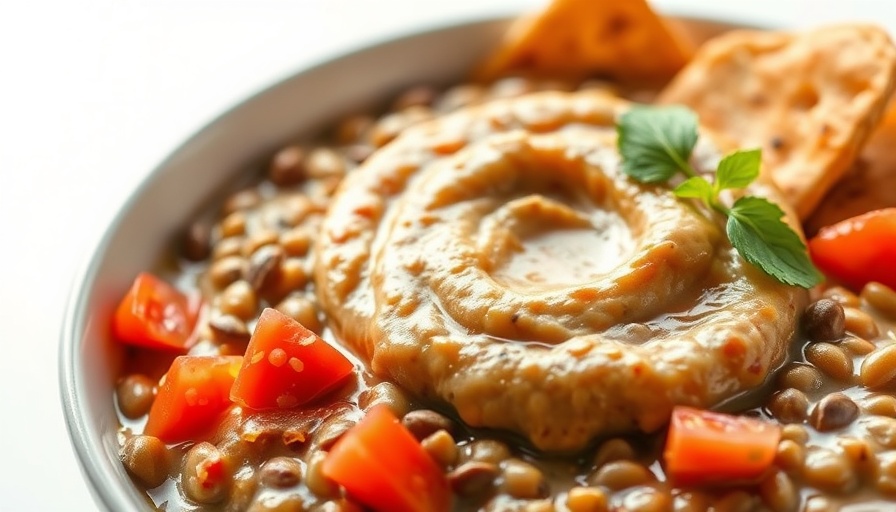 Mujadara Safra Recipe bowl with lentil puree and garnish.