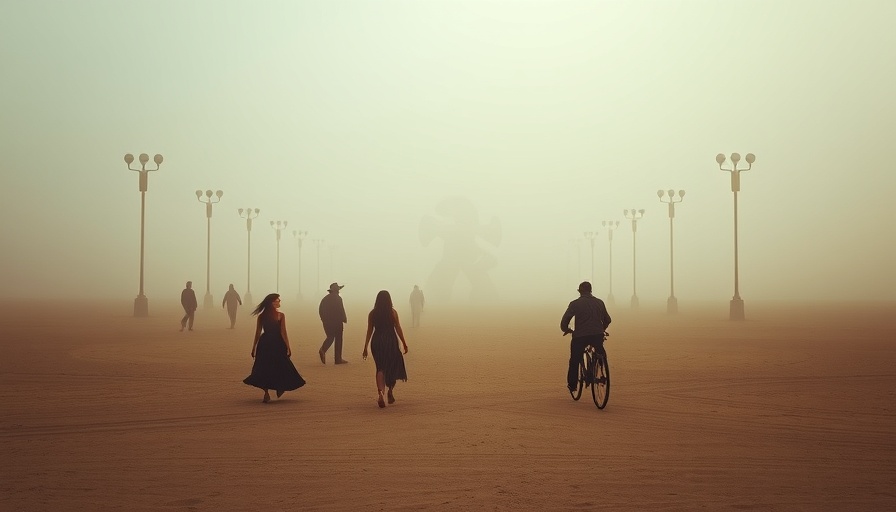 Burning Man scene with people and art in desert mist.