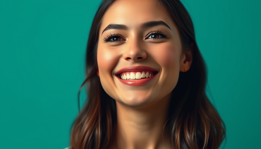 Stylized portrait of a smiling woman on a teal background.