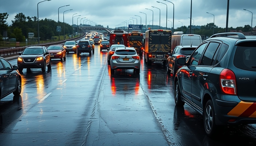 Alabama transportation sustainability: wet road traffic scene reflecting vehicles.
