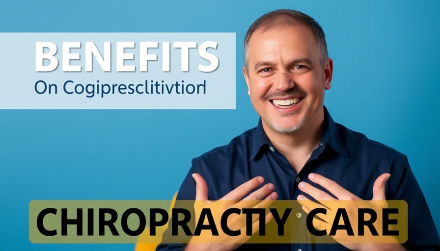 Smiling man discussing benefits of chiropractic care against a blue and yellow background.