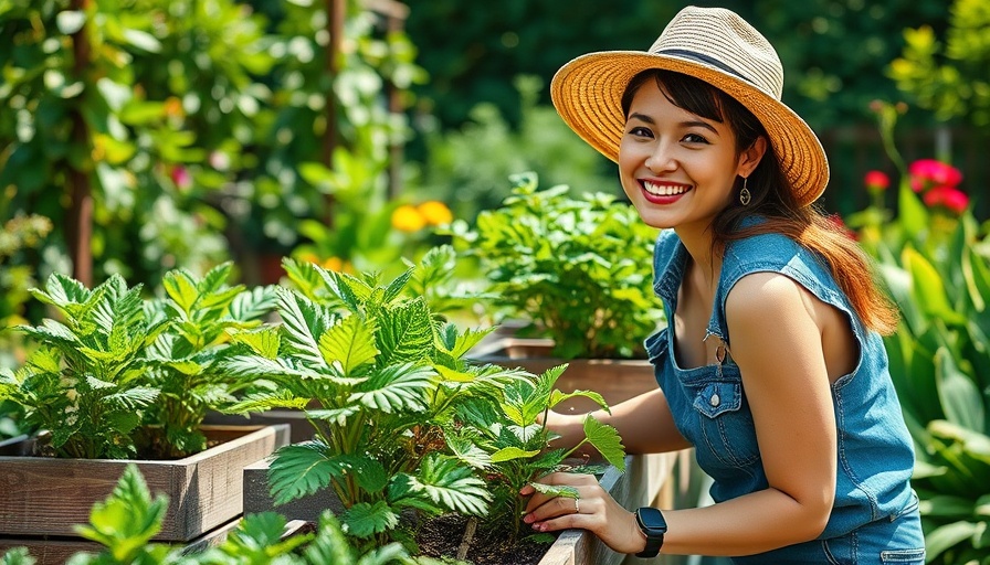 Woman gardening in box planters, smiling in straw hat.