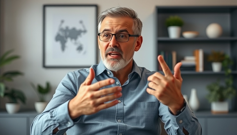 Man passionately discussing metabolism health in modern office setting.