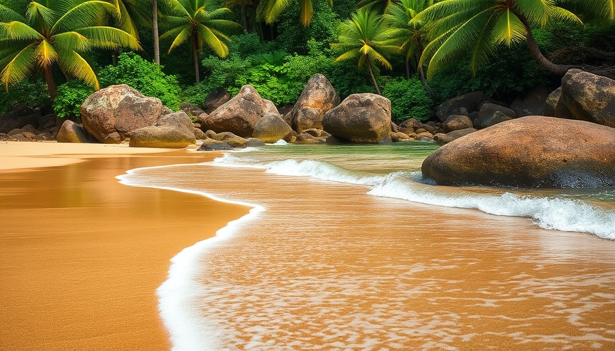 Scenic view of Ilha Grande beach with palm trees and rocks.