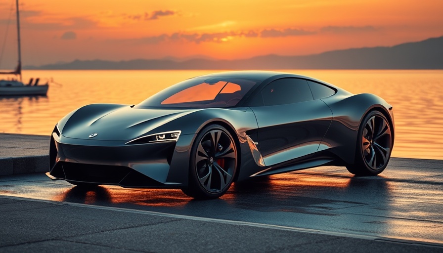 Luxury EV parked by water highlighting sustainable design