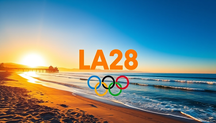 LA28 logo over Santa Monica beach symbolizes sustainability plan.