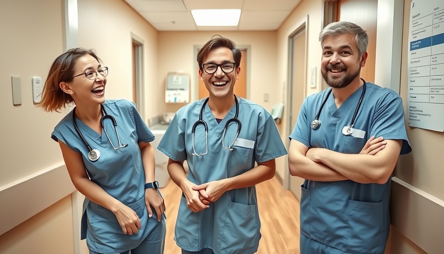 Healthcare workers laugh during a jaw pain prank in a clinic room.