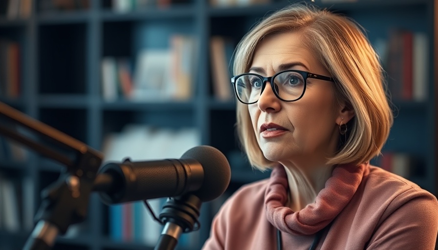 Middle-aged woman on a podcast discussing foods that speed up metabolism.