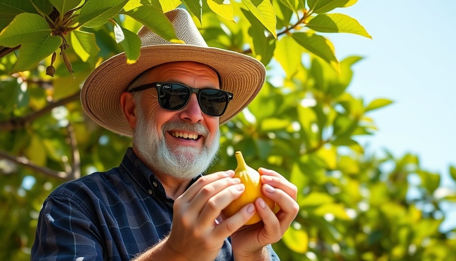 Middle-aged man smiling while holding a fig among lush trees.
