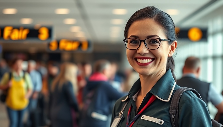 Smiling flight attendant advising seniors on airport mistakes.