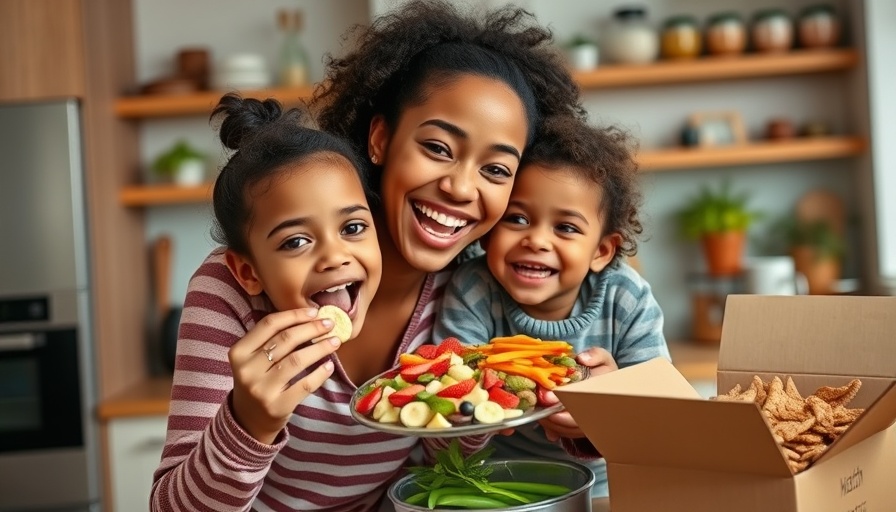 Healthy snacks on a budget displayed by young woman and child in kitchen.