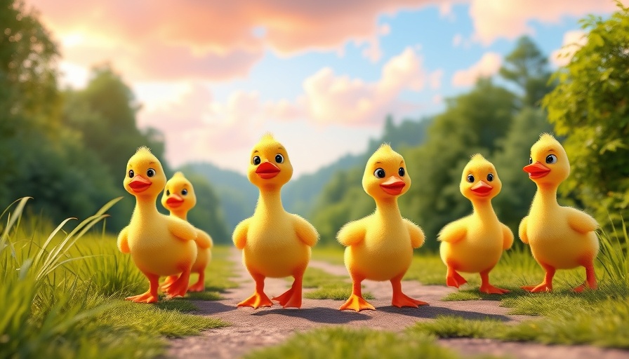 Fun cartoon ducklings teaching colors in vibrant forest.