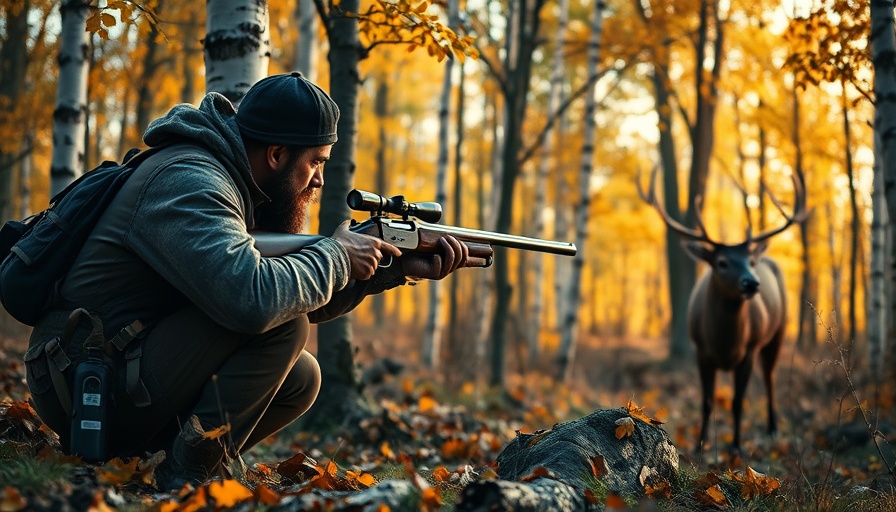 Hunter in forest aiming at elk during black powder elk hunt.
