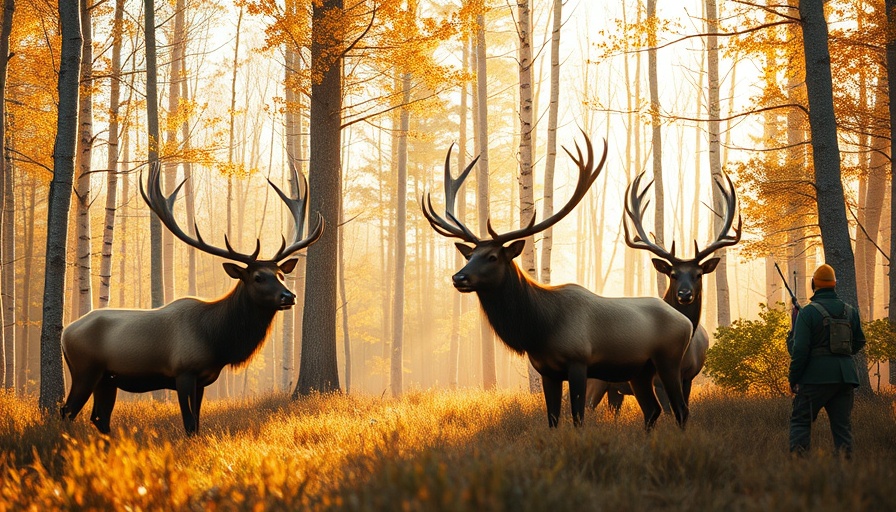 Elk rutting season in autumn forest with observer.