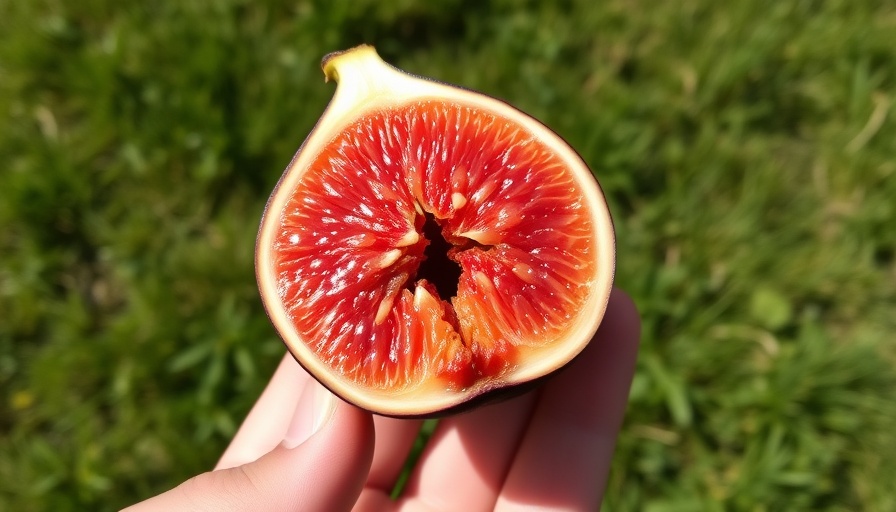 Close-up of a strawberry fig being held outdoors.