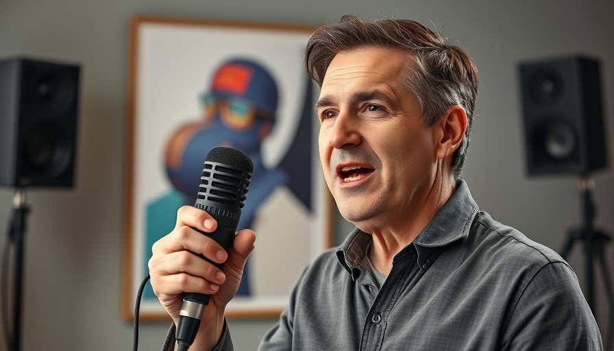 Confident speaker discussing digital marketing content in a studio.