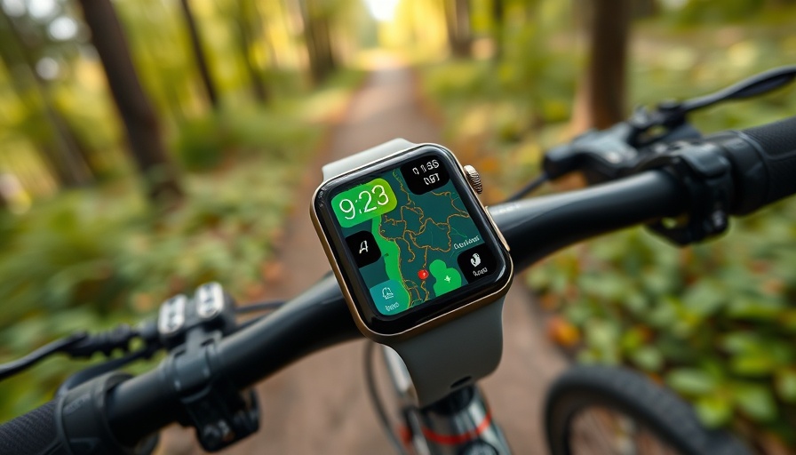 Cyclist using Apple Watch Trailforks app in forest.