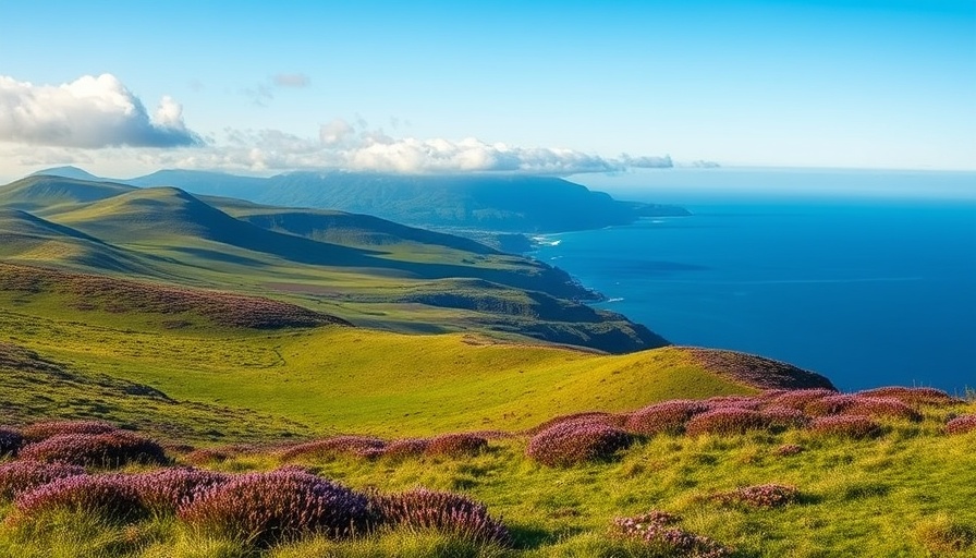 Expansive view of Irish peatlands restoration area with hills and sea.