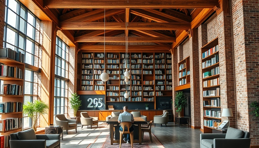 Luxurious, sustainable hotel lobby with cozy seating and bookshelf.