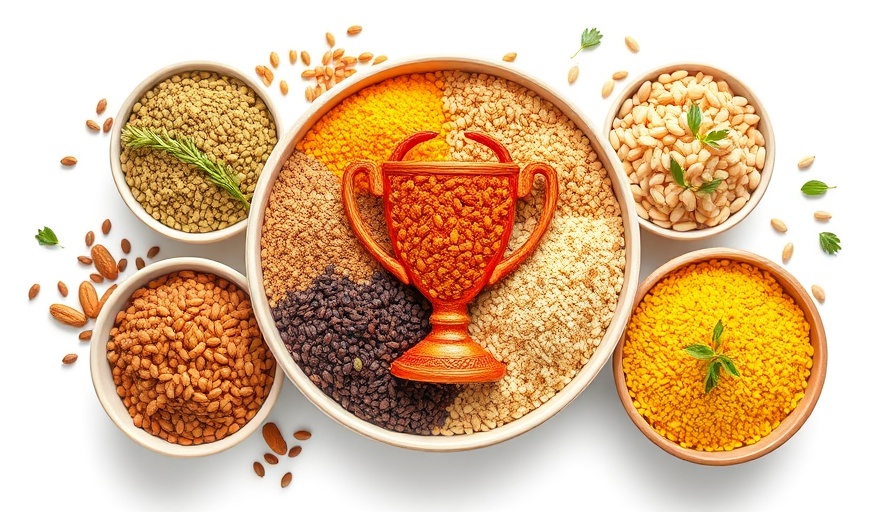 Healthiest grains for families highlighted with grains, trophy, and dish.