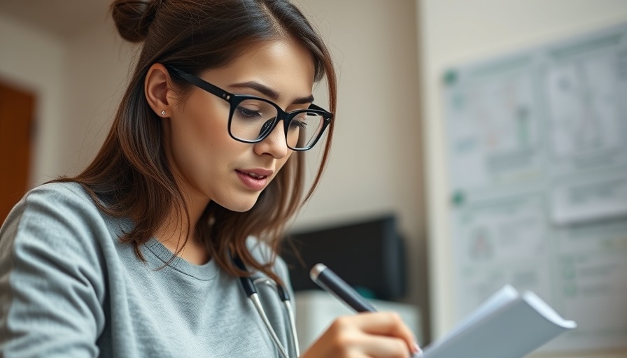 Young woman writing notes in healthcare setting, focused on patient care.