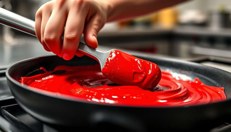 Close-up of vibrant red batter being spread in a pan, healthy dining Ohio menu inspiration.
