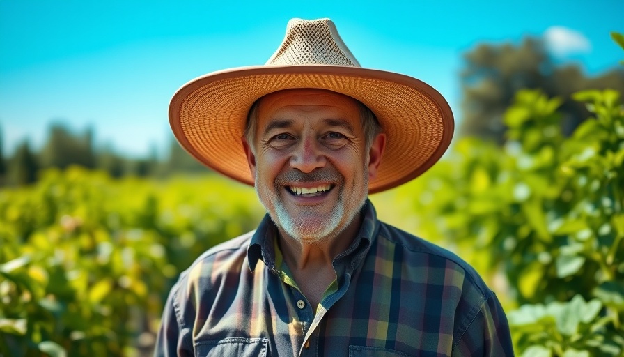 Middle-aged man offering planting tips for fresh vegetables in a garden.