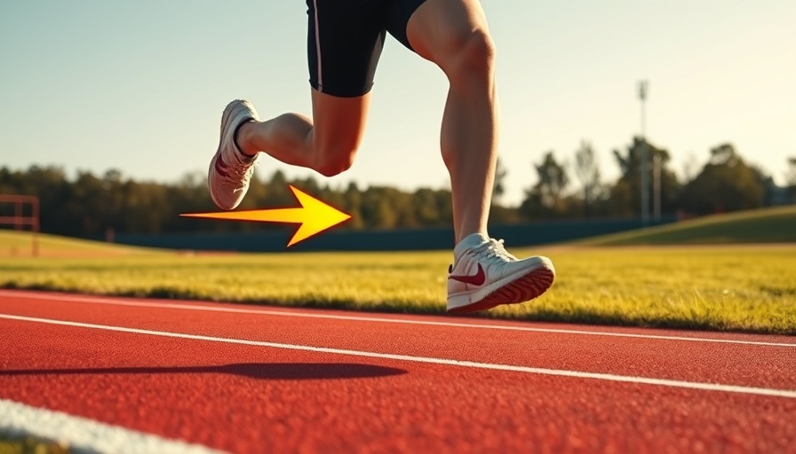 Runner demonstrating ideal running cadence on track with graph and arrow.
