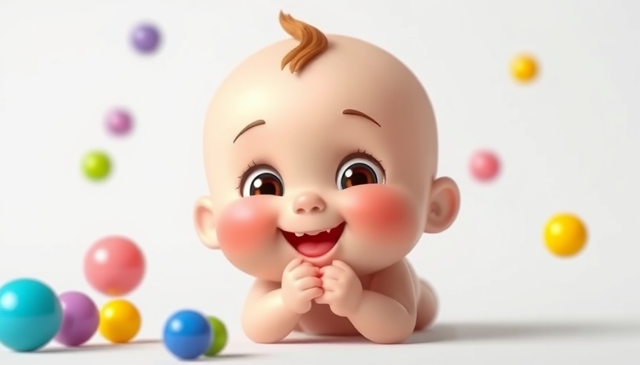 Adorable animated baby learning colors in playful setting, 3D cartoon.