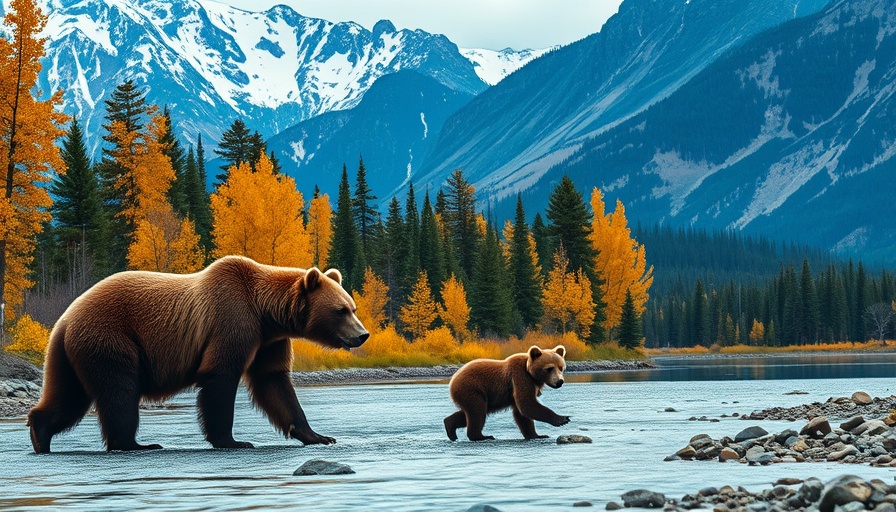 Grizzly bears beside a river with autumn mountains, highlighting bear spray hiking safety.