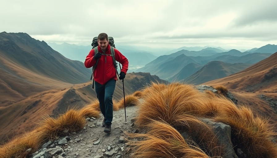 Hiker in red on trail, keeping backpacking gear dry under overcast sky.