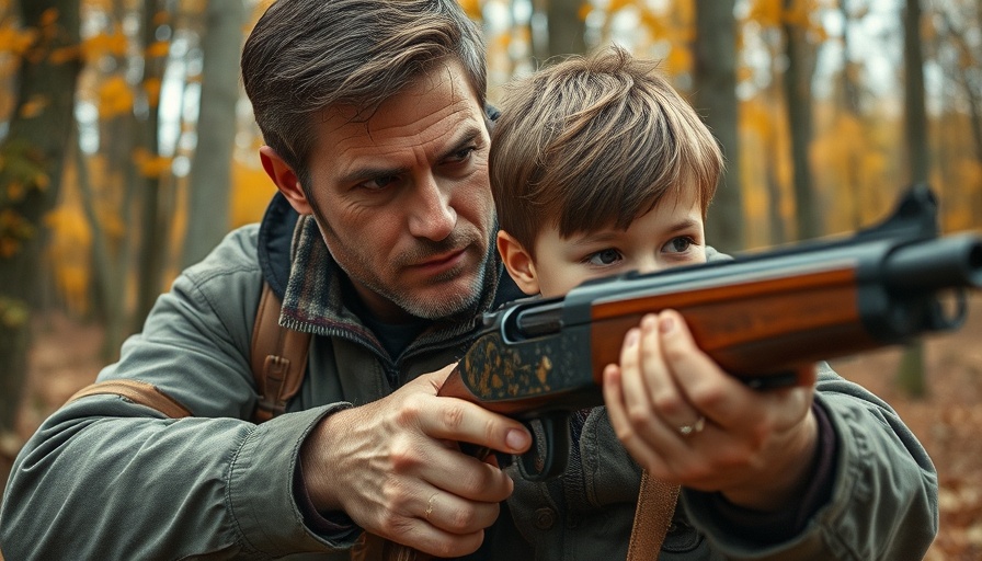 Father and child shooting in forest - outdoor family adventures.