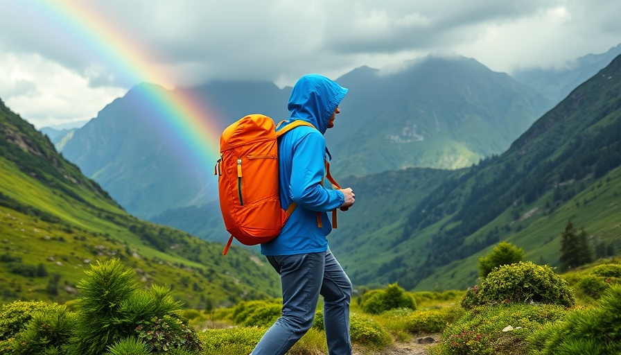 Hiker trekking in rain with rainbow in mountains, hiking in rain tips