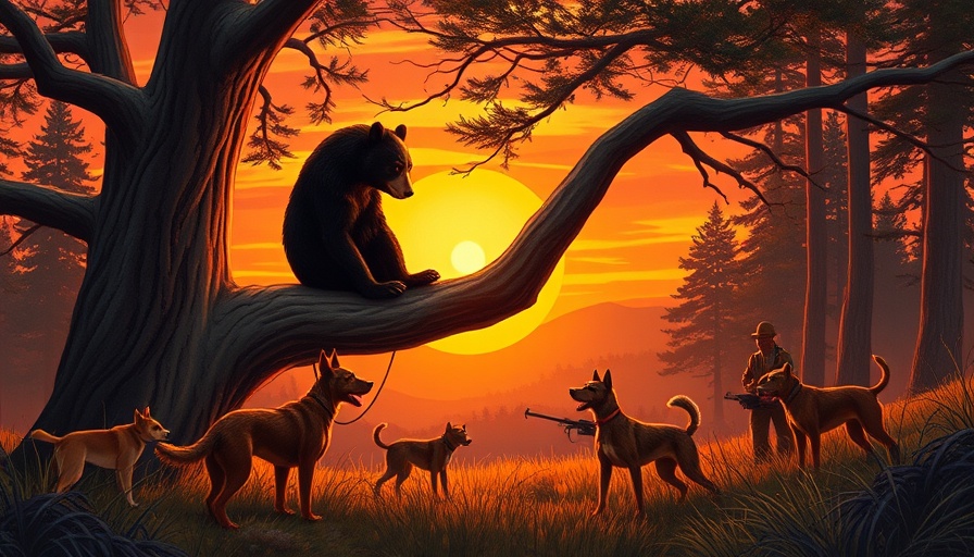 Black bear in tree surrounded by dogs at sunset, rural farming challenge.