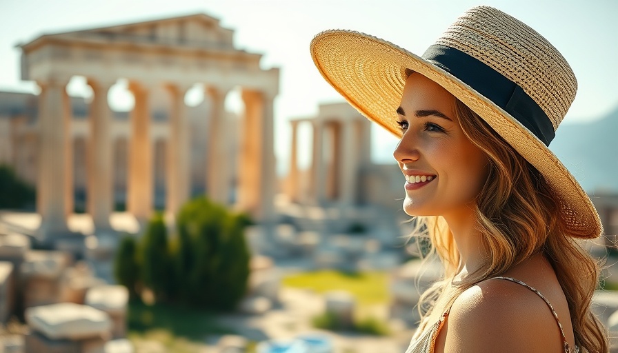 Woman exploring historic sites in Greece, ancient ruins in background.