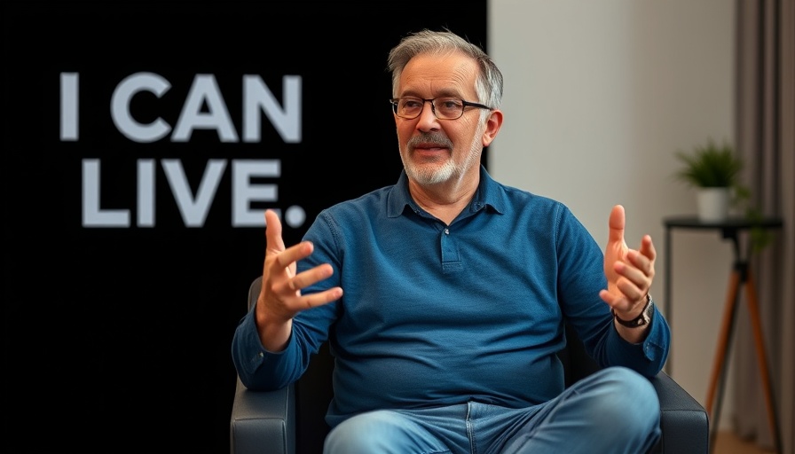 Man discussing leaving money for kids, sitting on a chair with text 'I CAN LIVE'.