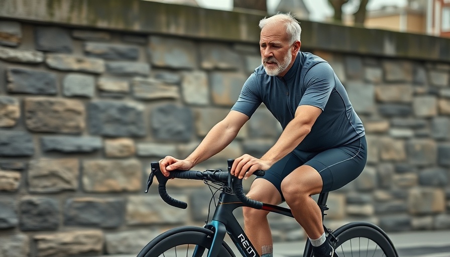 Middle-aged cyclist on triathlon bike addressing saddle pain issue.