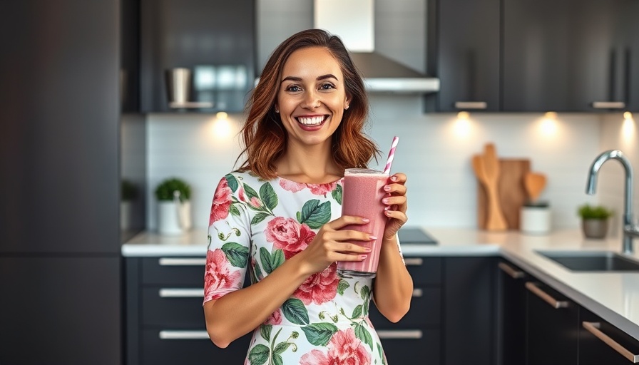 Cheerful woman enjoying a pink smoothie in a modern kitchen, promoting a healthy lifestyle.
