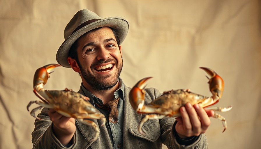 Vintage photo of smiling man with crabs related to Wade Tackett Disappearance.