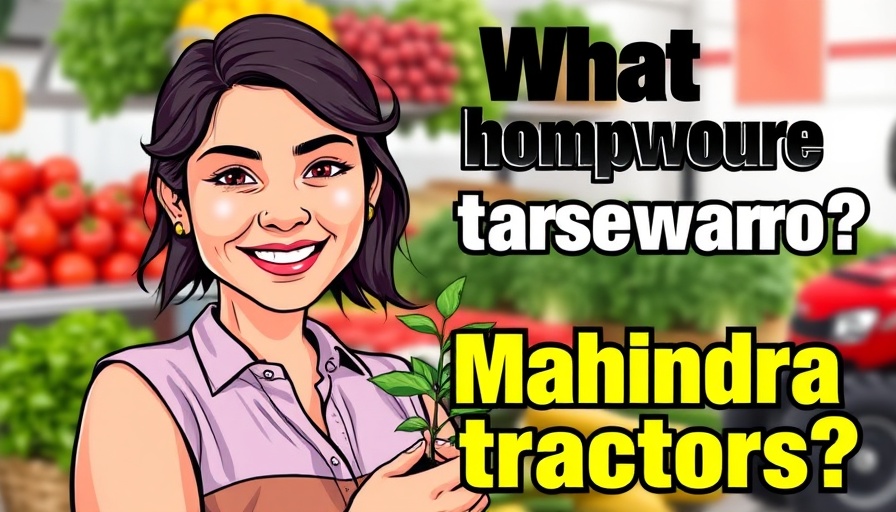 Cartoon of woman with plant and Mahindra tractor horsepower text.